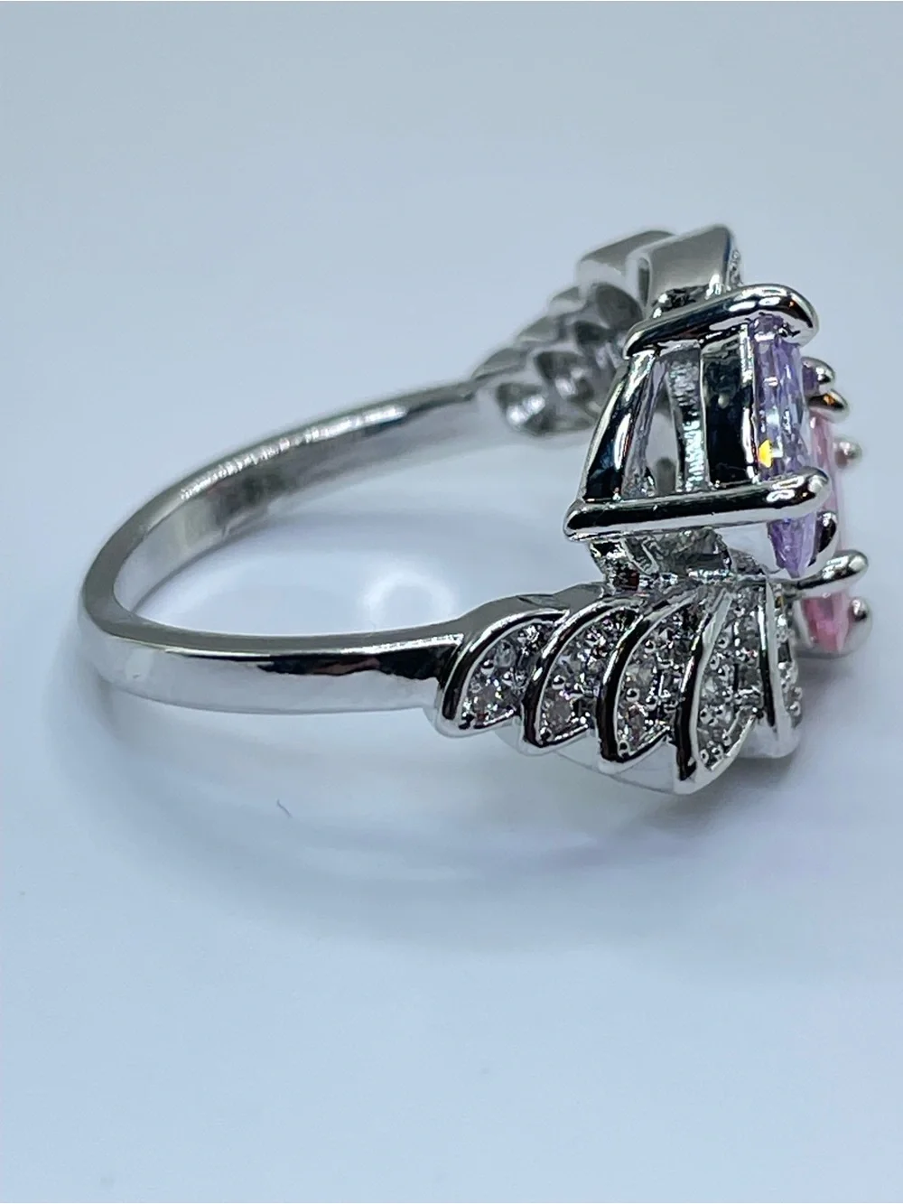 Swarovski Crystal Elements Pink Purple Crystal Art Deco Statement Ring Silver